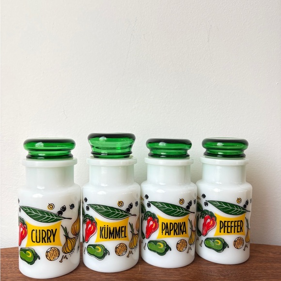 Other - Vintage Kitchen Decor Colorful Spice Jars with Green Lids French Farmhouse Jars